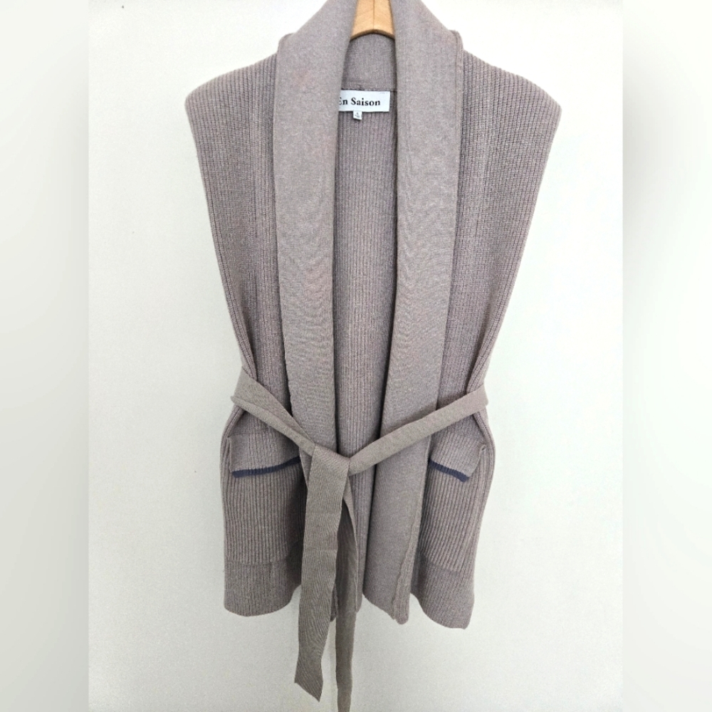 En Saison Taupe Knit Belted Cardigan Vest